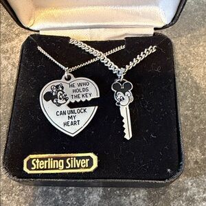Vintage Disney Designs Sterling Silver Heart and Key Necklace Set.